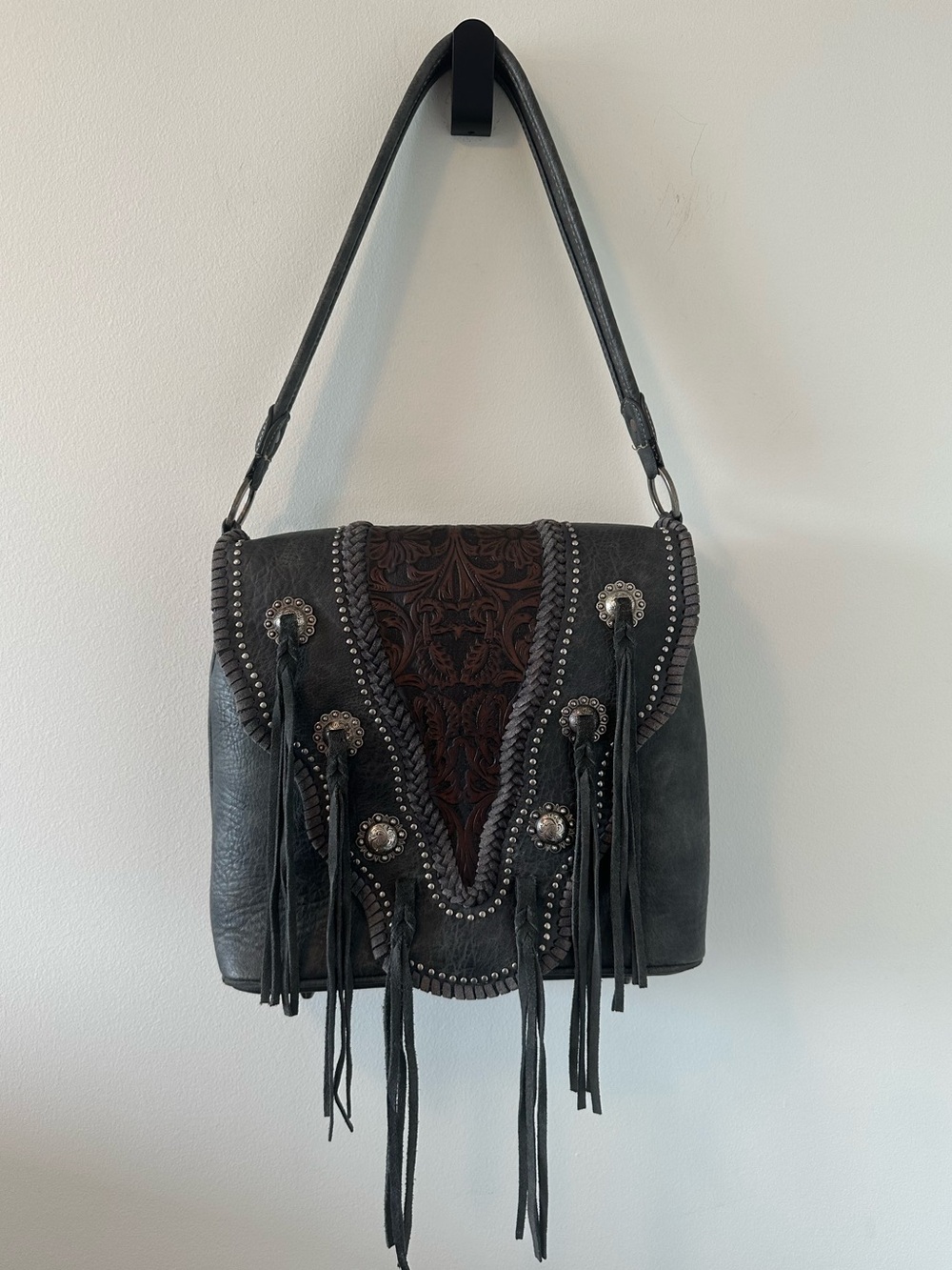 Trinity Ranch Charcoal/Brown Leather Western Shoulder Bag w/ Fringe & Conchos